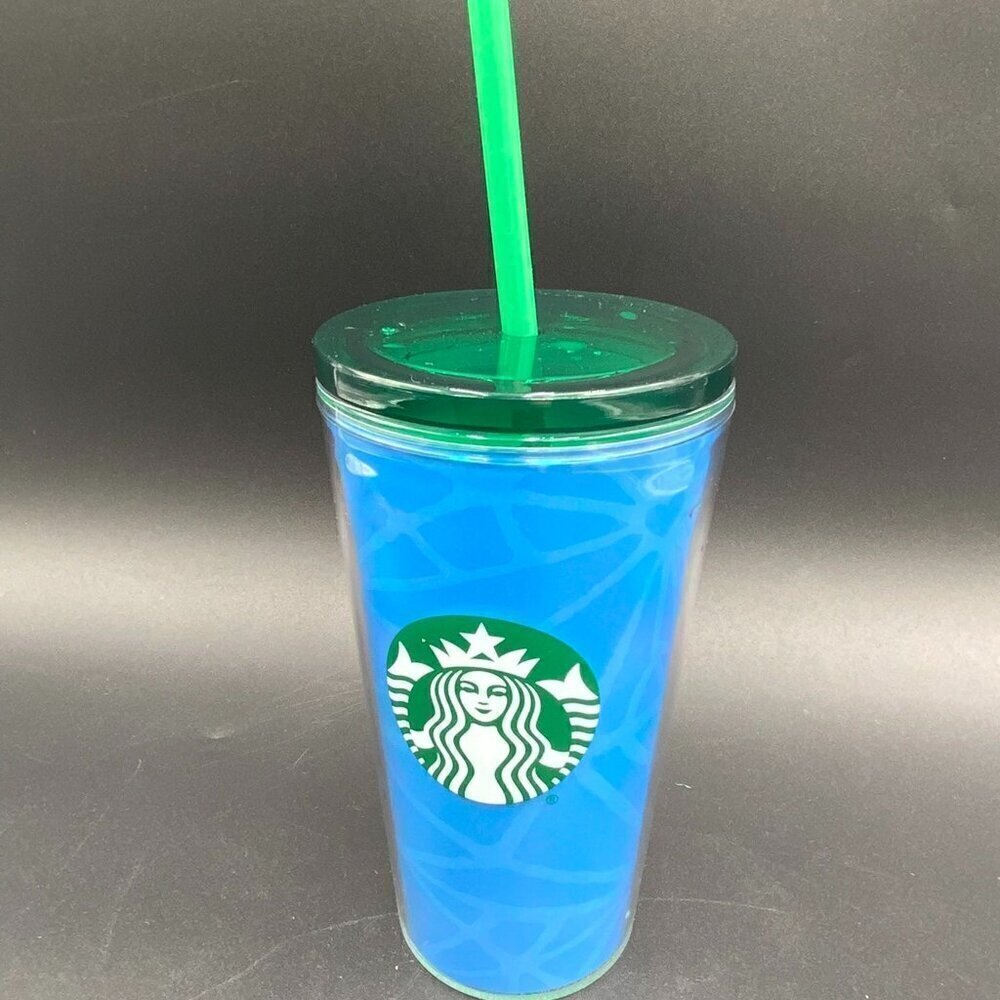 Starbucks Blue Tumbler 16 Oz With Green Lid & Straw 2021